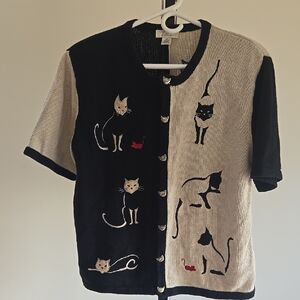 Vintage Christopher & Banks Black and Cream Cat Cardigan Size: XL